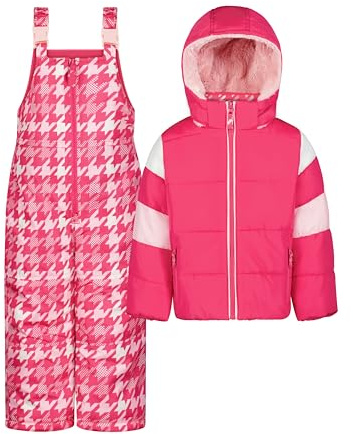 Jessica Simpson Girls' Two-Piece Insulated Winter Snowsuit with Hooded Jacket and Ski Bib Overalls, Fuchsia Houndstooth, 5/6