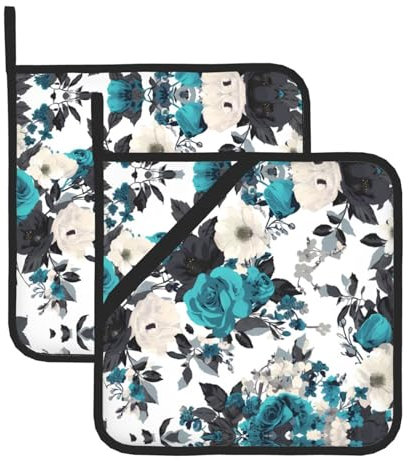 BROLEO Set di 2 presine da 20,3 x 20,3 cm, resistenti al calore e durevoli, accessori da cucina con tessuto impermeabile, con stampe di fiori di rosa nero, bianco, verde acqua, grigio