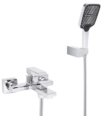Ronvie Bath Shower Mixer Tap Set, Single Lever Wall Mounted Bath Tap with 150-175CM Shower Hose and 3-Spray Handheld Shower, 1/2 Connections, Chrome Finish, Square Bathroom Taps