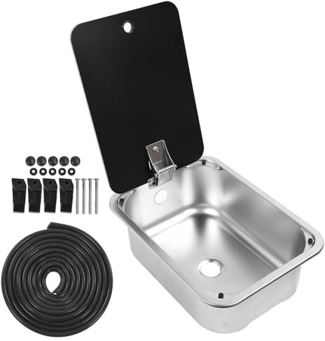 Einzelbecken-RV-Handwaschbecken aus Edelstahl mit Deckel aus Gehärtetem Glas und 40-mm-Ablaufloch, 15 X 11 X 5,4 Zoll Barküche, Kleines RV-Waschbecken, Passend für Wohnmobil,