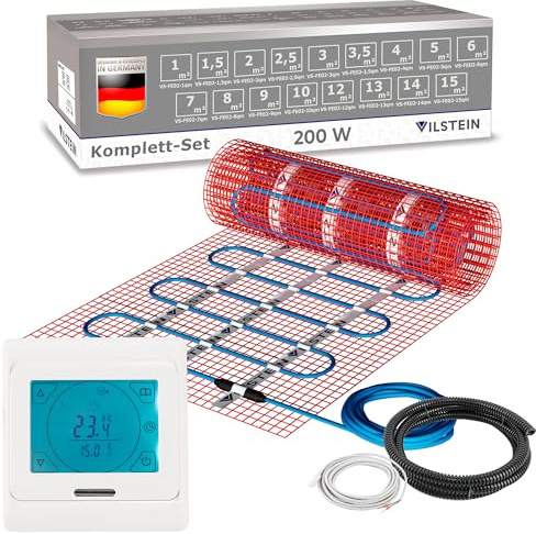 VILSTEIN Elektrische Fußbodenheizung 200W/m² – IP67 Turbo-Heizmatte | geeignet für Fliesenboden, Laminat & mehr, Twin Technologie, 4mm dünn, Touchscreen-Thermostat 16A, Komplettset 3m²