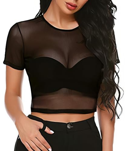 Mesh Oberteile Damen, Durchsichtiges Netzoberteil T-Shirt, Transparentes Netz Shirt Top Schwarz für Damen Festival Party Sexy Outfit