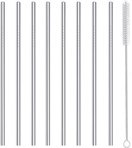 Lot de 8 pailles réutilisables en acier inoxydable pour jus, café glacé, boissons froides, eau, verres Highball de 591 ml, 6 mm de large, 215 mm de long, argenté