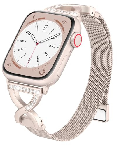 Slim Magnetic Metal Milanese Loop Compatible with Apple Watch Straps Womens | For iWatch Series 11 10 9 8 7 6 5 4 3 2 SE, X-Shape Diamond Clasp Thin Bands for Daily Use 38mm 40mm 41mm 42mm 44mm 45mm 46mm