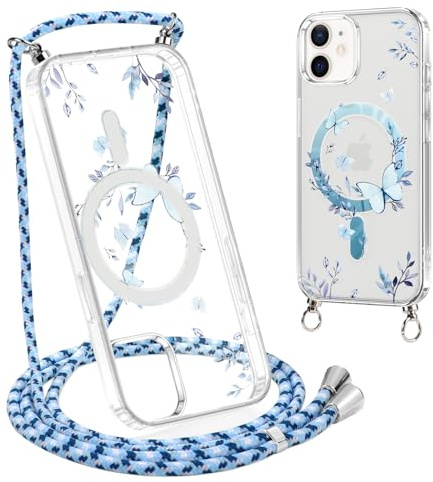 Xylota Handyband für iPhone 12 mini Hülle mit Band [Kompatibel mit MagSafe], Transparent Magnetisch Handyhülle mit Kordel, Aesthetic Muster Schutzhülle für iPhone 12 mini, Schmetterling 02
