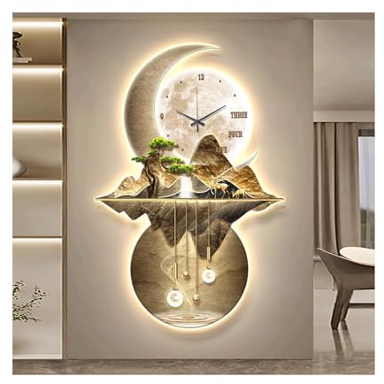 HTYUKFDG Pittura Murale Sculture da Parete 3D paesaggistica con Leggero a LED Light Tradizionale Clock Clock Decor con Montagne, Alberi e Decorazioni di Decorazioni di Cervo Dipinto da Parete Ufficio