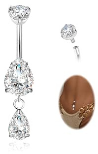 LOAYHOAY 14G G23 Pure Titanium Dangle Belly Button Ring for Women Dangling CZ Navel Ring Teardrop Curved Barbell Belly Rings Internally Threaded Belly Piercing Jewelry Silver 10mm