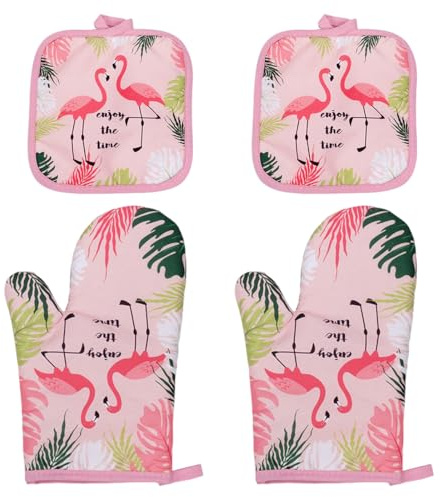 UZEXYO Flamingo Oven Mitts and Pot Holders Set Pink Kitchen Gloves for Baking Cooking Flamingo Gifts for Women