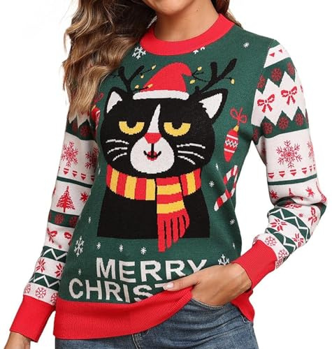 QIXING jultröja dam rund hals långärmad stickad tröja dam jultröja tröja långa ärmar tröja, Grön-svart katt och god jul, M
