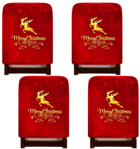 Tatuo 4 Stück Weihnachtsstuhlhussen Stuhlbezug Weihnachtsdeko für Rückenlehne mit Weihnachtsstern Zwerg Rentier Weihnachtsfeiertags Festival Party Deko für Esszimmer Küche Urlaub(Rentier)