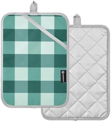 Set di presine da cucina alla moda a quadretti in giada crema presine per cucina con tasche e tappetino da forno, confezione da 2