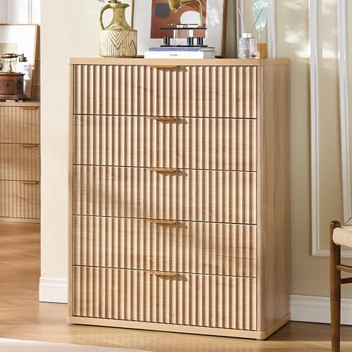 LEYAOYAO Fluted 5 Drawers Dresser for Bedroom, 41 Tall Modern Chest of Drawers with Metal Handle, Curved Profile Design,Natural Wood Drawer Organizer for Bedroom, Living Room, Hallway, Entryway