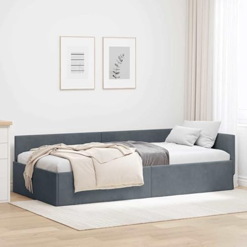 ACAGALA Telaio per letto ad angolo, letto singolo, 90 x 200 cm, telaio con rete a doghe in legno e testiera, letto per ragazzi, letto ad angolo, divano letto per camera da letto, soggiorno, grigio
