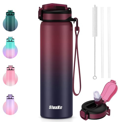 SLUXKE Bouteille en acier inoxydable de 1L avec paille, bouteille d’eau isotherme de 32oz avec sangle amovible, bouteille d’eau métallique anti-fuite pour garder les boissons froides ou chaudes, pour
