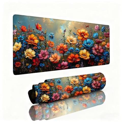 Alfombrilla Escritorio Crisantemo Alfombrilla Ratón Azul Tapete Escritorio 800x300x3mm, Almohadilla Raton Superficie Resistente a Salpicaduras, Desk Mat con Bordes Cosidos Duraderos, Portátil 0B-344
