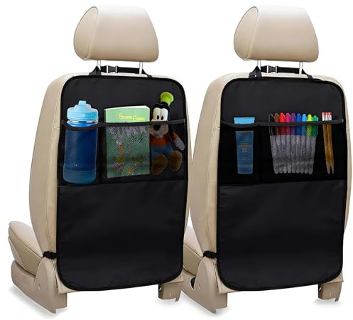 Car Back Seat Protector, 2 Pack Car Seat Kick Mats & Protector, Waterproof Seat Back Protectors with 3 Storage Pockets, Anti-Kick Scratch & Stain Resistant, 70 x 50cm (Black)