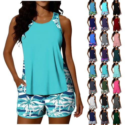 Tankini for Women with Shorts Two Piece Swimsuits Boyleg Tummy Control Swimming Costume Hawaiian Print Swim Beach Modest Bathing Suit Sets Ladies Training Swimwear Daliywear