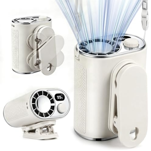 WHATOOK Ventilatore da cintura portatile: 1-100 regolazione continua della velocità con clip girevole a 360°, display digitale e funzione power bank da 10 W, ventilatore portatile per cantieri