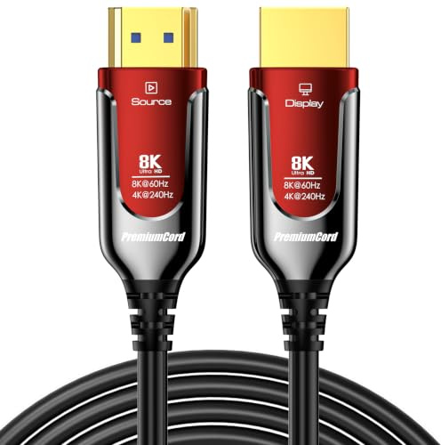 PREMIUMCORD 8K Câble à Fibre Optique HDMI 2.1, Ultra High Speed 48 Gbit/s, 3D, EDID, ARC, HDR, Résolution 8K@60Hz 4320p, 4K@240Hz, Compatible PS5, Xbox X, PC, TV, Noir/Rouge, Longueur 20 m