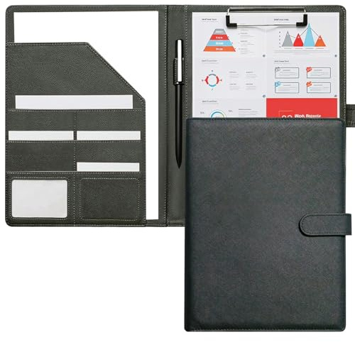 Klemmbrett A4 mit Deckel, PU-Leder Schreibmappe Mappe A4 Dokumentenfächern | für Büro & Konferenzen - Schwarz