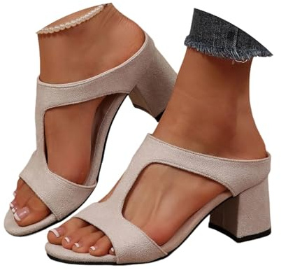 Generisch Sandalias de moda con punta cuadrada con tiras y tacón de bloque abierto, elegantes zapatos de verano para el día a día, ocio, vacaciones, beige, 35 EU