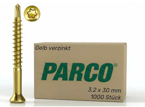 PARCO Dielenschrauben 3,2x30 mm, Gelb- chromiert, TX10-1000 Stück Senkkopf - ideale Befestigung für Holzdielen, Terrassendielen, Wandverkleidung, Wandpaneele oder Deckenverkleidung
