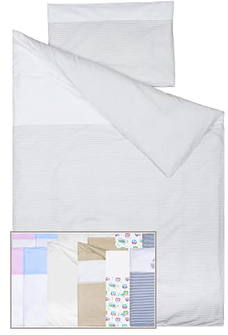 Vizaro Påslakan bäddset till spjälsäng 70 x 140 cm, ren premiumbomull, storlek 100 x 135 cm, 30 x 60 cm – tillverkad i EU – OekoTex – säker för spädbarn – C. Grå ränder
