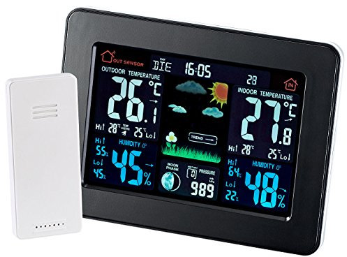 infactory Wetterstation farbig: Wetterstation mit Farb-Display, Funk-Außensensor, DCF-Funk-Zeitanzeige (Farbdisplay, Farbdisplay, Außensensoren)