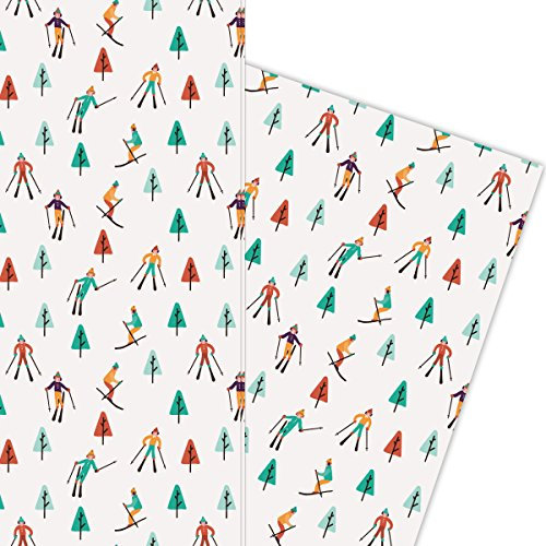 Kartenkaufrausch Lustiges Winter Weihnachts Geschenkpapier Set, Dekorpapier mit Skifahrern Musterpapier, Designpapier zum Einpacken, basteln, 4 Bögen, 32 x 48cm, großes Muster