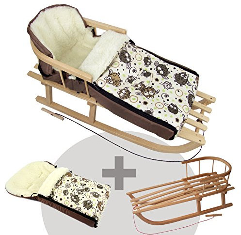 BAMBINIWELT Kombi-Angebot Holz-Schlitten mit Rückenlehne & Zugseil + universaler Winterfußsack (90cm), auch geeignet für Babyschale, Kinderwagen, Buggy, aus Wolle im Eulendesign (Motiv $5)