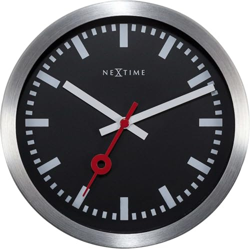 NeXtime Bahnhofsuhr,negativ Ziffernblatt (schwarz), Balken statt Ziffern (weiß), lautlos, Silber, Alu, Glasabdeckung, 19 cm x 3,8 cm, 3998STZW