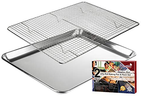 KITCHENATICS Brat- und Backblech mit Kuchengitter: Aluminium Backblech mit Edelstahl Auskühlgitter (1 Tablett + 1 Grillrost) Ungiftig, & Leicht zu Reinigen - 27 cm x 39,62 cm | Aluminium-Tablett und Edelstahl-Rack-Kombination, die zusammen oder getrennt zum Backen, Kühlen oder Braten verwendet werden