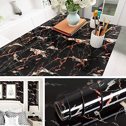 Livelynine Marmor Folie für Tisch Möbel Klebefolie Küche Arbeitsplatte Folie Mamorfolie Selbstklebend Möbelfolie für Tischplatte Fensterbank Küchenschrank Klebefolie Marmoroptik Schwarz Gold 40CMx2M