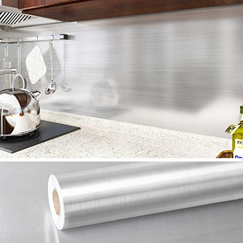 VEELIKE Silver Stainless Steel Contact Paper Heat Resistance Waterproof Oil Proof Removable Peel and Stick Wallpaper for Metal Surface Kitchen Cabinet Refrigerator Elevator Door (40cm x 1800cm)