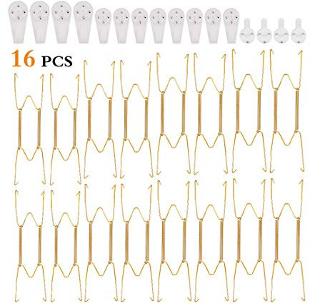 metagio 16pcs Portes Assiettes Murale Décorative Support Assiette Décorative Murale Dorée avec 16pcs Crochets Muraux pour Suspendus Assiettes Arts de Chambre Salon Restaurant,6in/8in/10in/12in