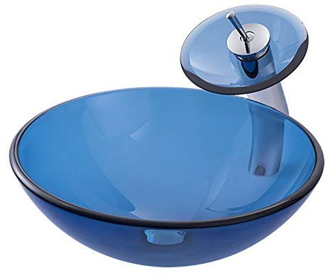 Shower Set Lavabo Vasque en Verre Trempé, Bleu Lavabo Lave-Mains Ronde Vasque à Poser Monter Salle de Bain Lavabo Vasque avec Drain, Robinet Cascade, 420mm * 420mm* 145mm* 12mm