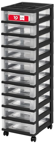 IRIS USA Plastic Drawer Storage Organizer Rolling Cart with Wheels Casters 10-Drawers for Classroom Art Craft Supplies Dresser Closet Bathroom Laundry Room Black/Clear