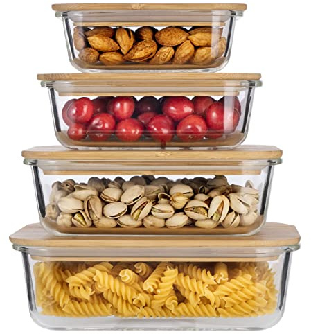 HOCHSTE Meal Prep Glass Food Storage Containers (Set of 4), Eco-friendly Glass Containers with Bamboo Lids, Nesting Glass Meal Prep Containers, Airtight Lunch Box Glass, Tupperware glass Containers