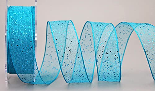 finemark 20 m x 25 mm Dekoband Glitzer TÜRKIS Stoffband Transparent glänzend Organza mit Drahtkanten elegant Weihnachten Advent Geburtstag Premium Glitter Ribbon Chiffon Chiffonband Draht