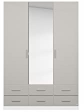 Rauch Möbel Stuttgart II Kleiderschrank Drehtürenschrank, Weiß/Hochglanz Grau, 3-TRG. Mit Spiegel, inkl. 2 Kleiderstangen, 3 Einlegeböden BxHxT 136x210x54cm