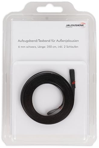 Jalousiene® Texband für Außenjalousien 6 x 0,33 mm – Aufzugsband inkl. 2 Schlaufen (350 cm, schwarz) – UV-beständig, wetterfest & reißfest – Ersatzband für Raffstore & Jalousie