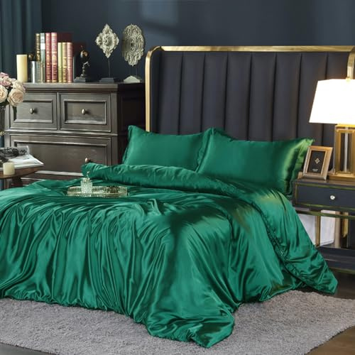DXHOME Bettwäsche Satin 155x220 cm Uni Grün Dunkelgrün Glänzend Seiden Glatt Einfarbig Bettwäsche Set Luxus Unifarben Bettbezug-Set Glanzsatin Microfaser Deckenbezug und Kissenbezüge 80x80