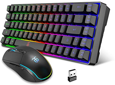 Snpurdiri - Combo de teclado y mouse para juegos 60% inalámbrico, batería recargable con retroiluminación LED de 2000 mAh, teclado de membrana pequeña pero sensación mecánica + ratones RGB populares