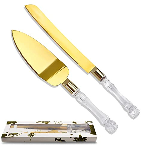 2PCS/Set Wedding Cake Knife and Server Set, Cake Cutting Set for Wedding with Faux Crystal Handles & Premium 410 Stainless Steel Blades for Wedding Cake, Birthdays, Anniversaries, Parties