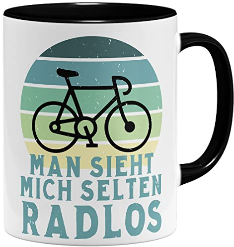 OM3® Fahrrad Tasse mit Spruch - man sieht mich selten Radlos - Keramik Becher - 11oz 325ml - Beidseitig Bedruckt - Schwarz