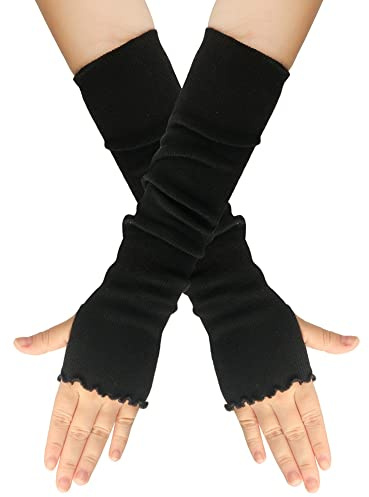 SHTGOI 1 Paar Lange Fingerlose Handschuhe mit Rüschen Herbst Winter Halbhandschuhe Gestrickt Armstulpen Elastische Stricken Armwärmer Damen Armlinge Pulswärmer mit Daumenloch Schwarz