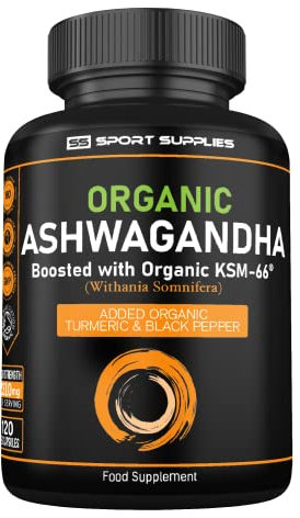 Organic Ashwagandha Capsules 1200mg - Boosted with 1000mg of Organic KSM-66 with 5% Withanolides (from 100mg Extract Ratio 10:1) - Added Turmeric 100mg and Black Pepper - UK Manufactured