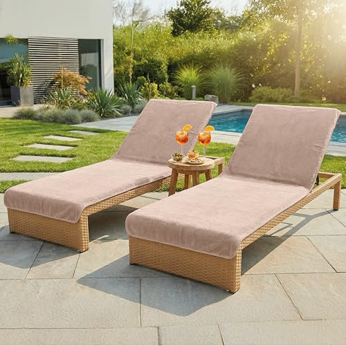 LAYNENBURG Lot de 2 Premium Housse de Protection pour Chaise Longue de Jardin - 100% Coton - Oeko-TEX - Housse de Serviette en éponge - Housse de Chaise Longue avec enveloppe (75x200 cm café)