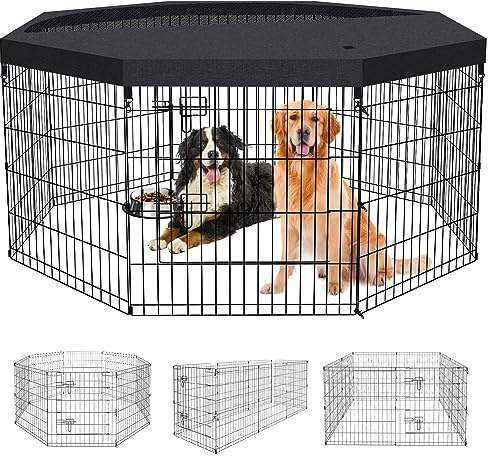 Dog Pen Pet Playpen Dog Fence Indoor Foldable Metal Wire Exercise Puppy Play Yard Pet Enclosure Indoor Outdoor 8 Panels 30 Inch with Bottom Pad/Top Cover(Black 30 top Cover)
