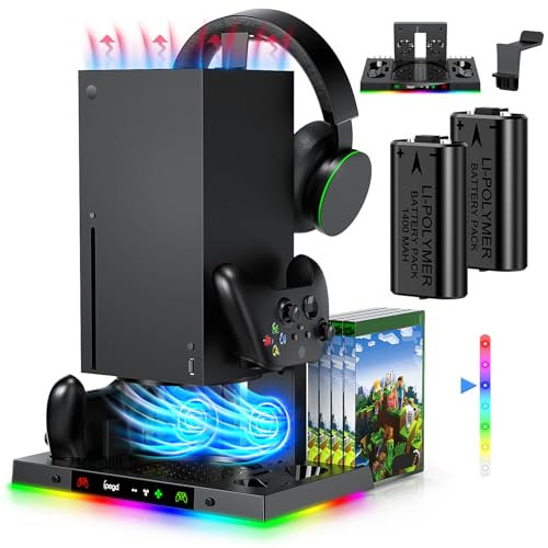 LED Cooling Stand and Charging Station for Xbox Series X Console ＆ Controller, Cooling Fan Station for Xbox Series X Accessories with 2x 1400mAh Rechargeable Controller Battery Pack, 15 Light Modes